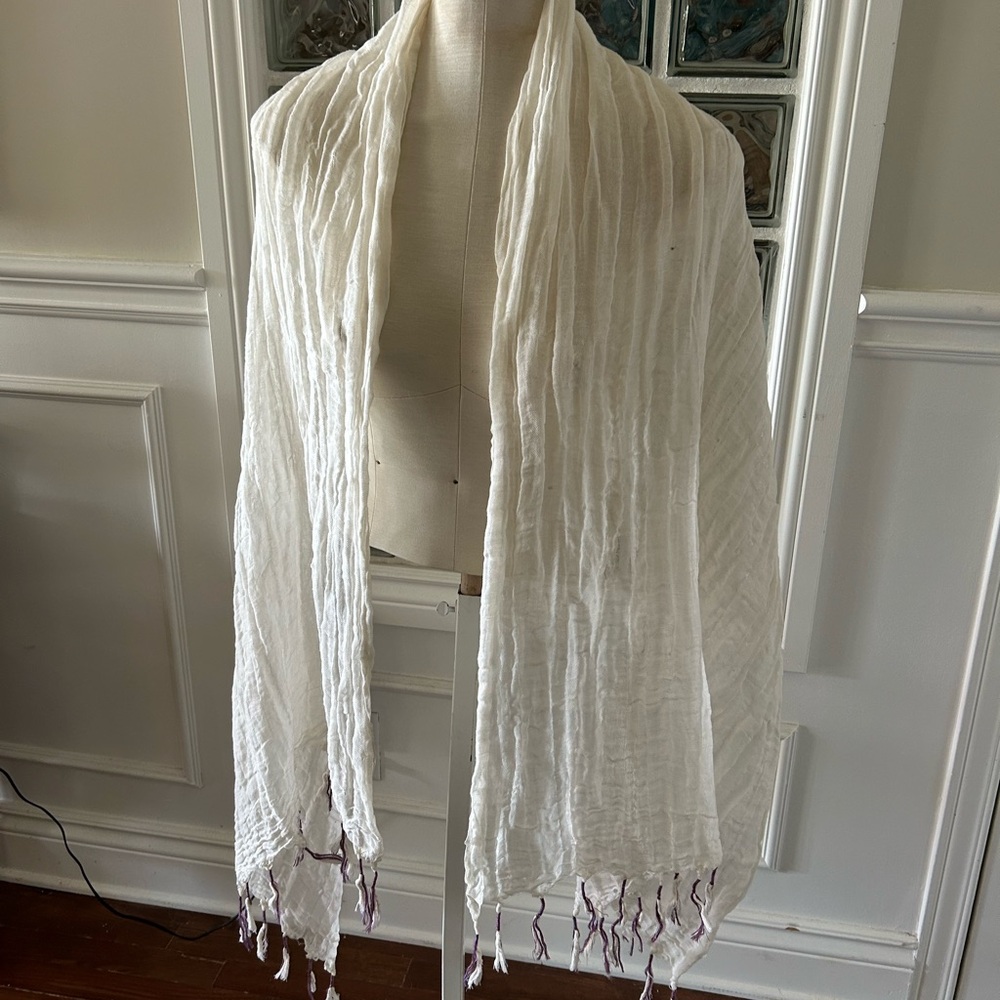 Off White Textured linen Shawl with Purple Tassels